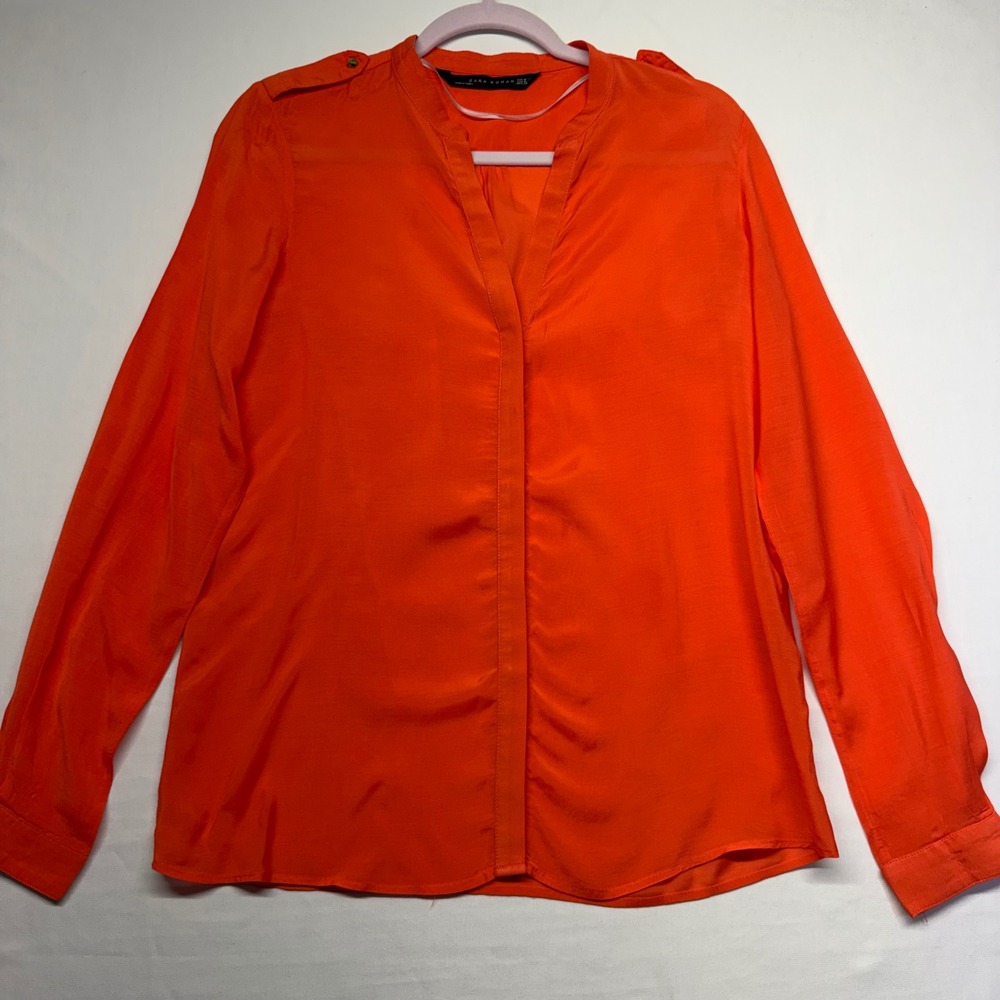 Zara Woman Orange Viscose Blouse Hidden Button Career Resort Top Medium